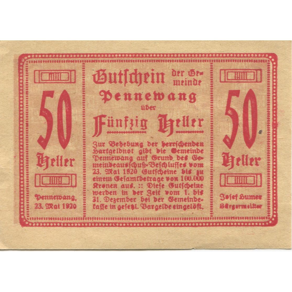 Geldschein, Österreich, Pennewang, 50 Heller, blé 1920-12-31, UNZ- Mehl:FS 727a
