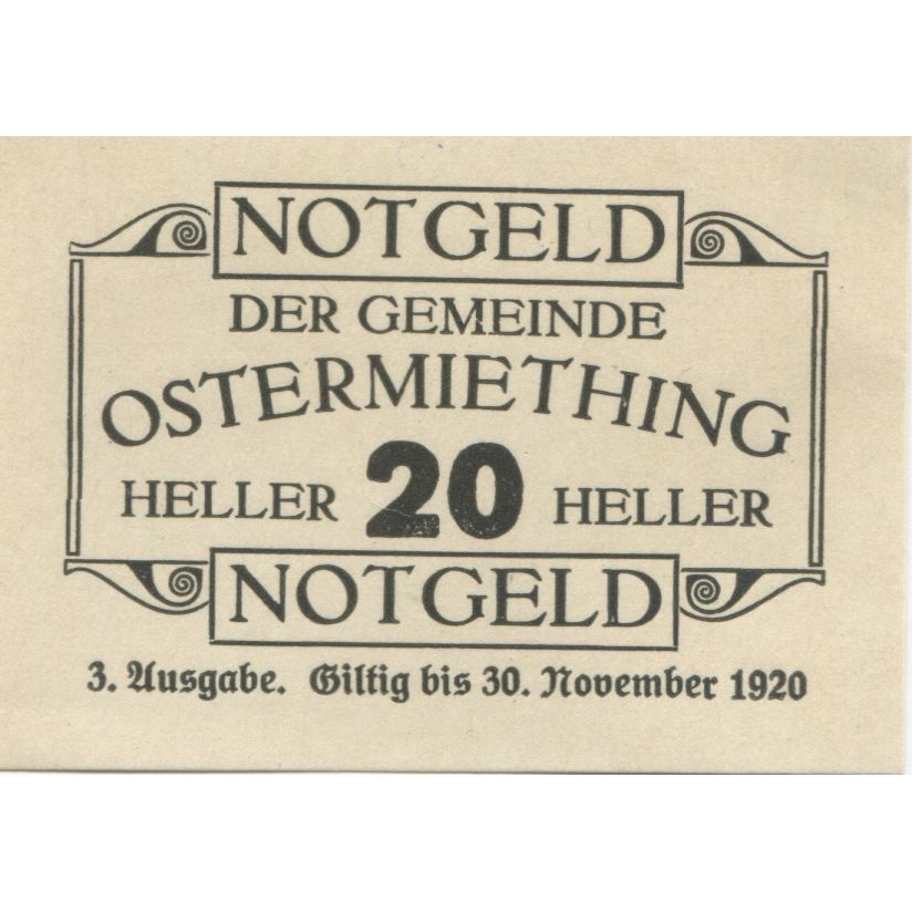 Banconote, Austria, Ostermiething, 20 Heller, Texte, 1920 SPL Mehl:FS 713IIIj