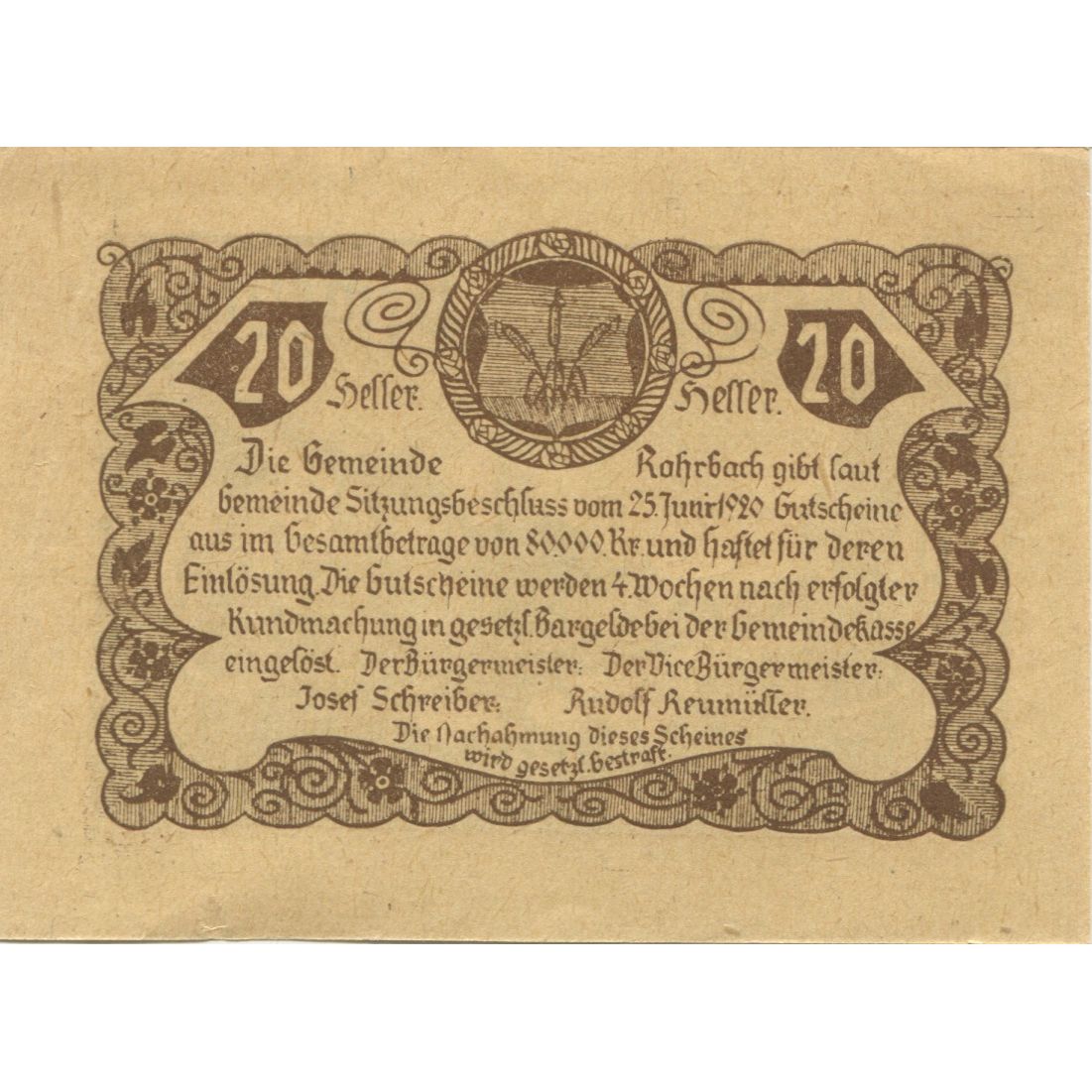 Geldschein, Österreich, Rohrbach, 20 Heller, village, 1920, UNZ-, Mehl:FS 841b