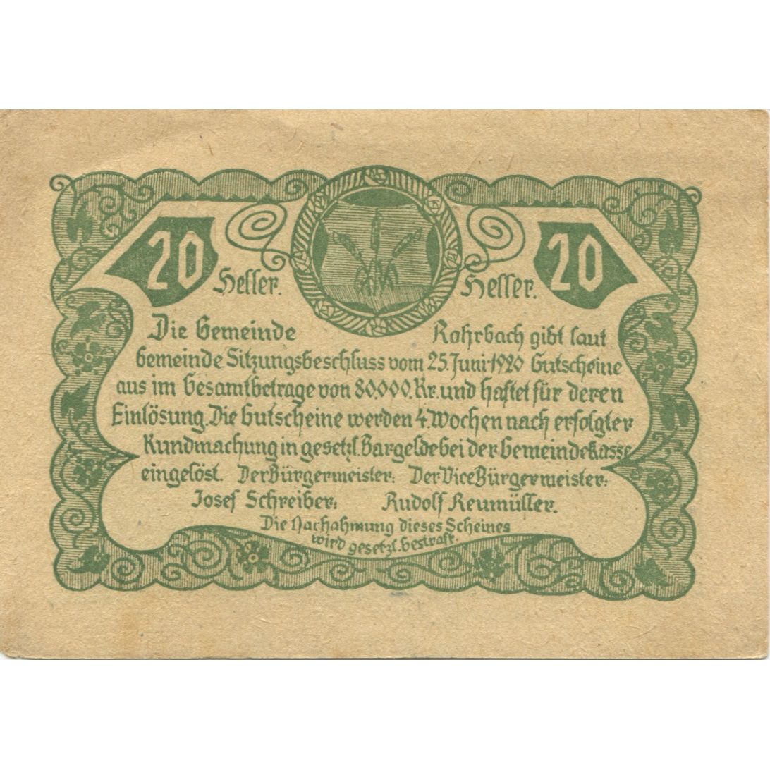 Billet, Autriche, Rohrbach, 20 Heller, rue, 1920, SUP, Mehl:FS 841b