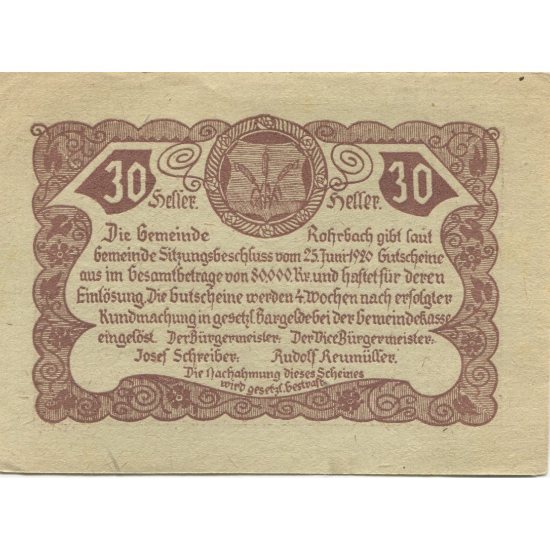 Geldschein, Österreich, Rohrbach, 30 Heller, Eglise, 1920, UNZ-, Mehl:FS 841b