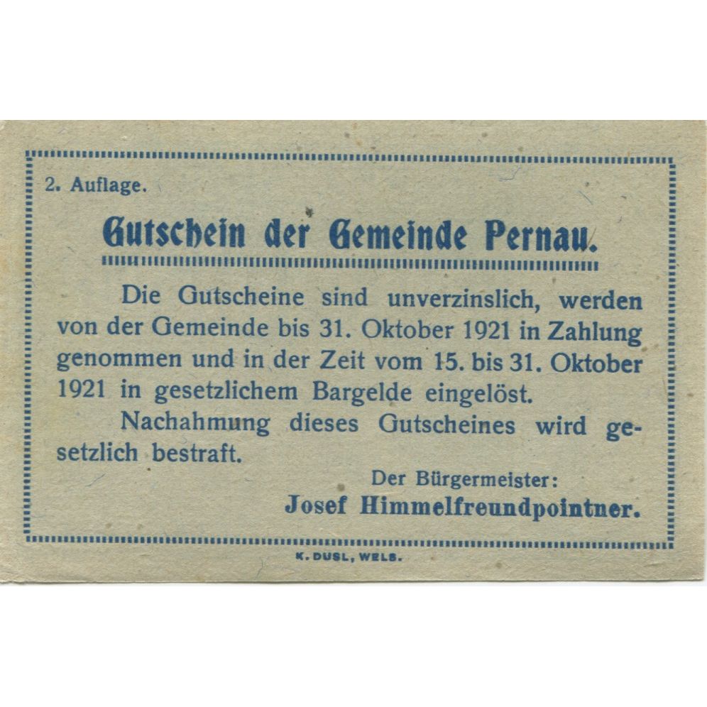 Billet, Autriche, Pernau, 10 Heller, personnage 1920-10-31, SPL Mehl:FS 734II