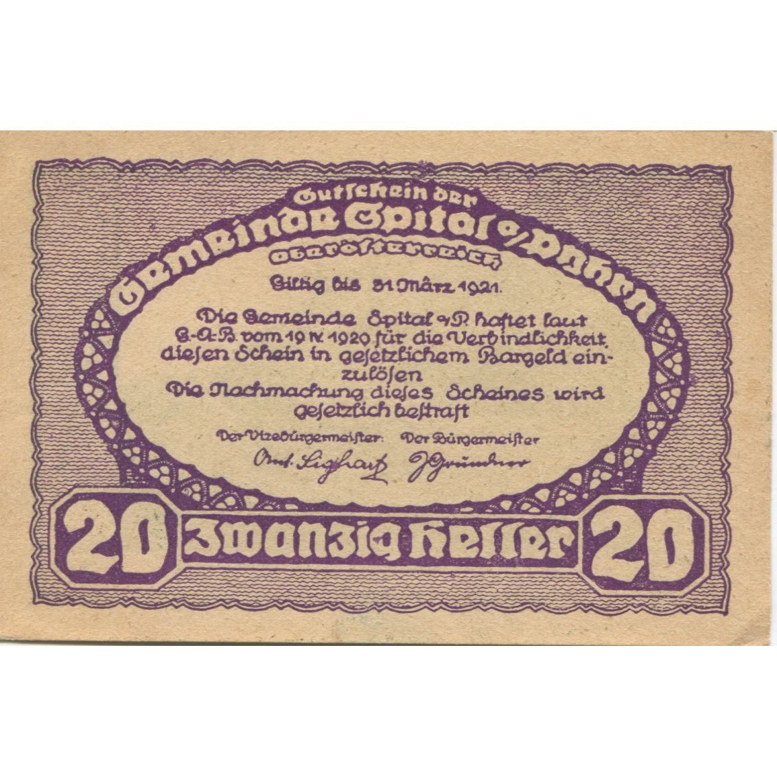 Billete, Austria, Spital, 20 Heller, montagne 1920-03-31, EBC Mehl:FS 1007Ib