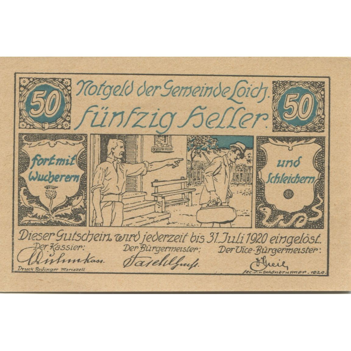 Banknote, Austria, Loïch, 50 Heller, personnage, 1920 UNC(63) Mehl:FS 562