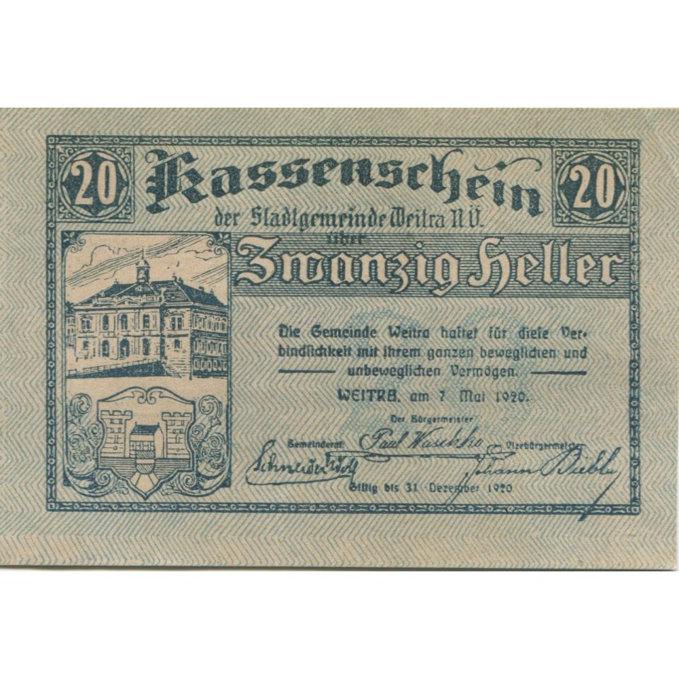 Banconote, Austria, Weitra, 20 Heller, Blason 1920-12-31, SPL Mehl:FS 1166a