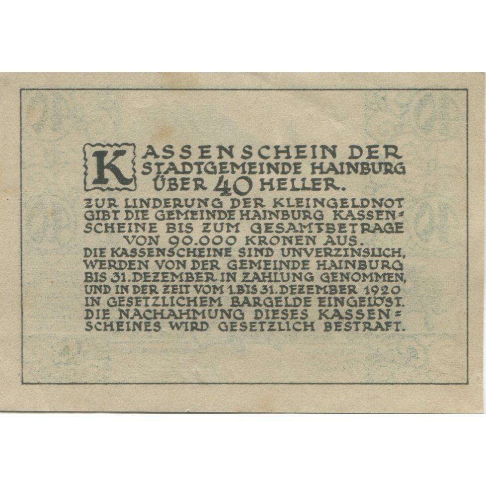 Geldschein, Österreich, Hainburg, 40 Heller, paysage, 1920 UNZ- Mehl:FS 337a