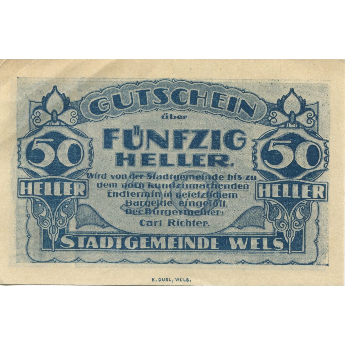 Geldschein, Österreich, Wels, 50 Heller, Eglise, 1920, VZ, Mehl:FS 1167II
