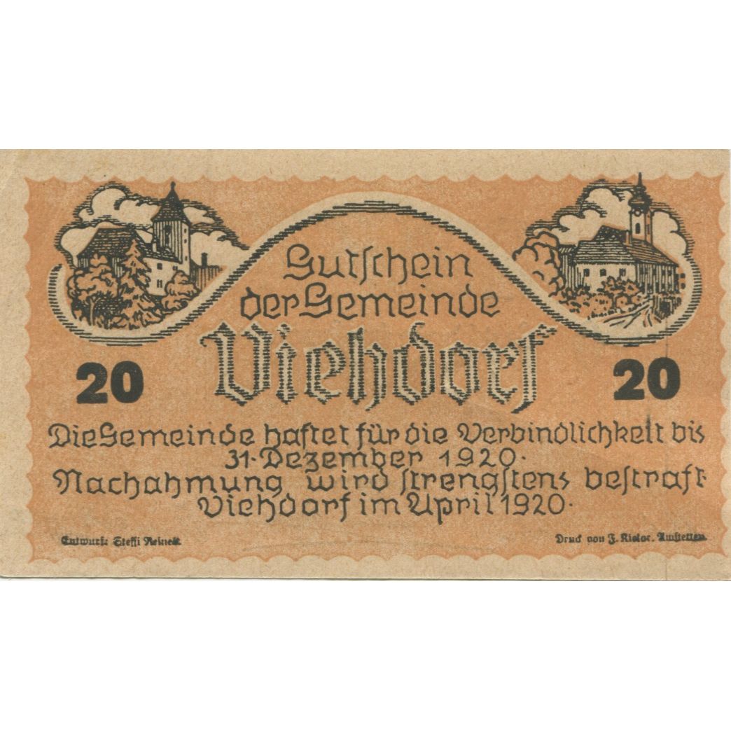 Geldschein, Österreich, Viehdorf, 20Heller, Eglise 1920-12-31 UNZ- Mehl:FS 1111a