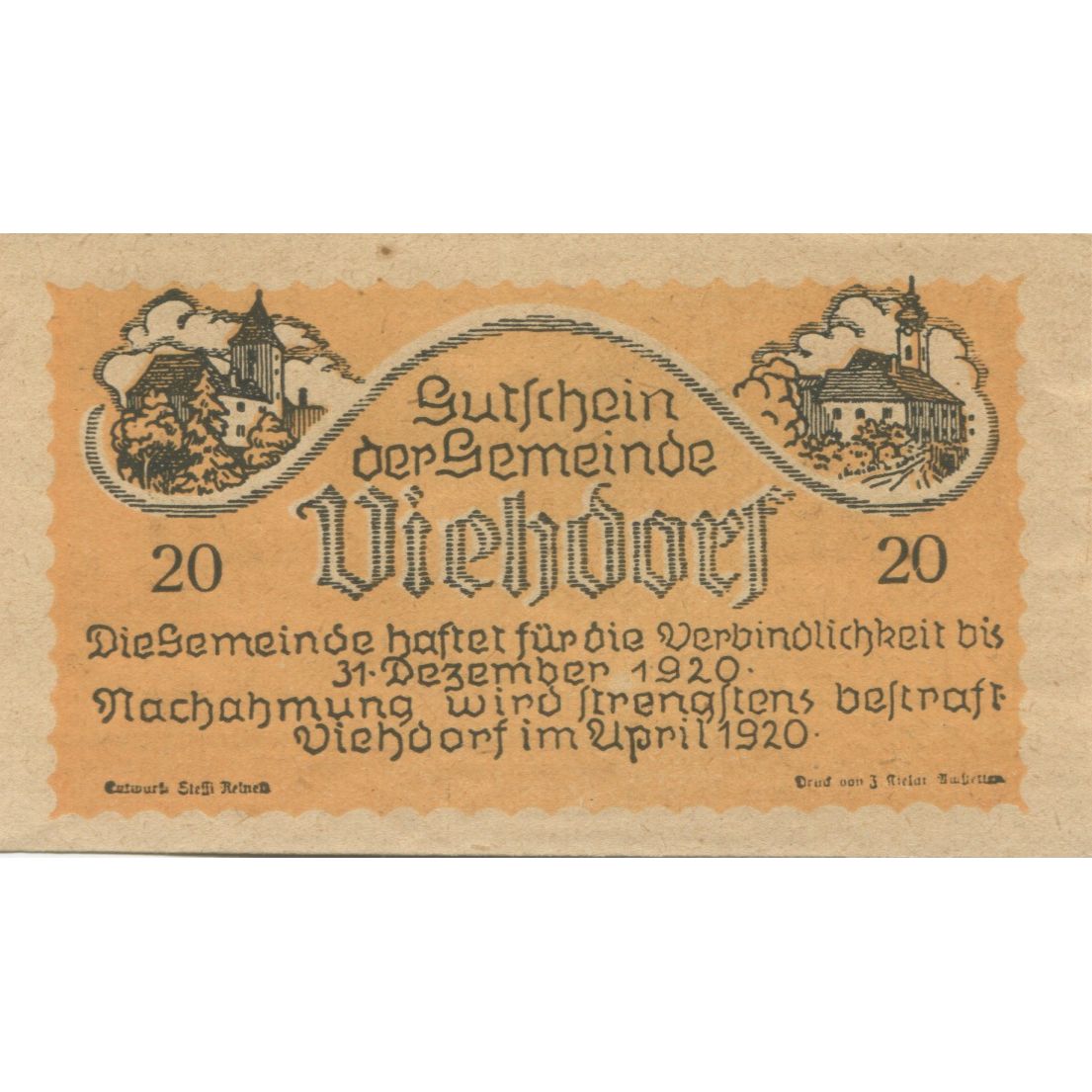 Geldschein, Österreich, Viehdorf, 20 Heller, vache, 1920 UNZ- Mehl:FS 1111a
