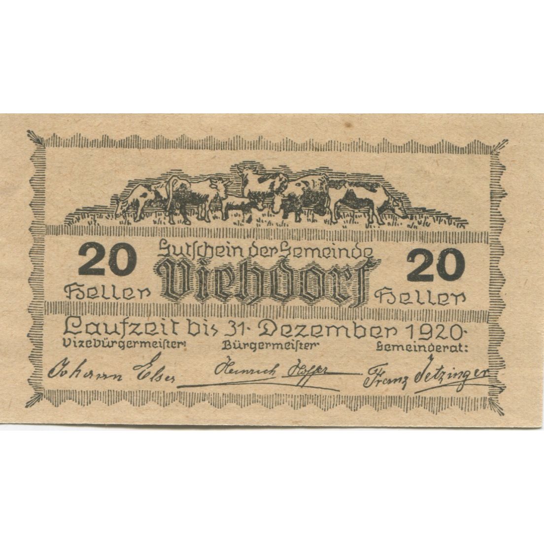 Geldschein, Österreich, Viehdorf, 20 Heller, vache, 1920 UNZ- Mehl:FS 1111a