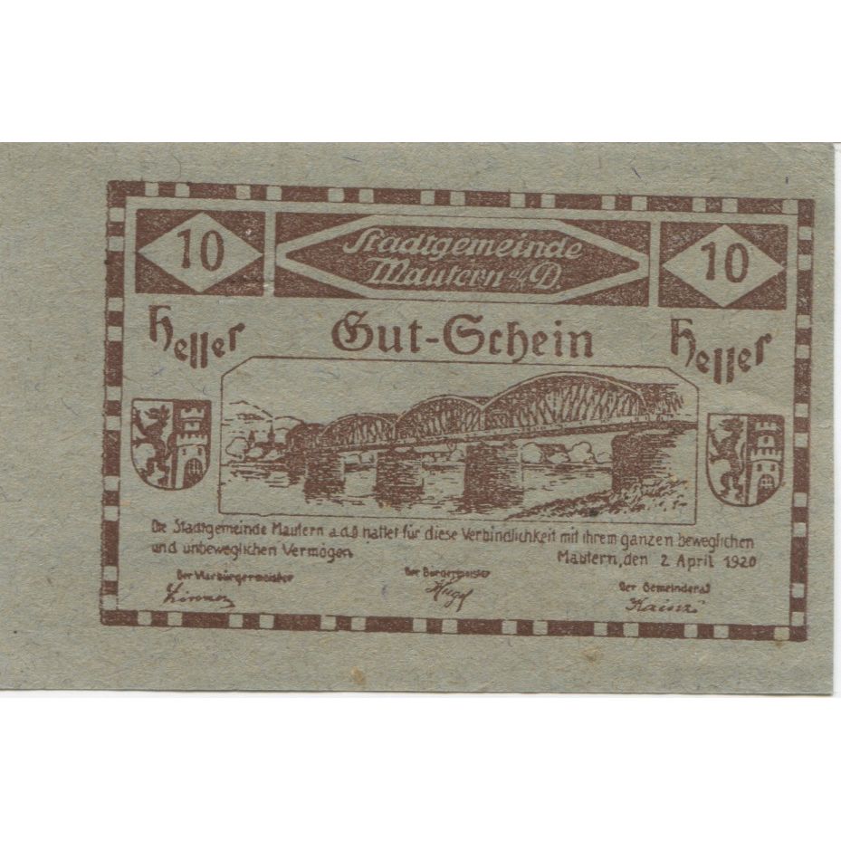 Geldschein, Österreich, Mautern, 10 Heller, pont, 1920 UNZ- Mehl:FS 600IIa2