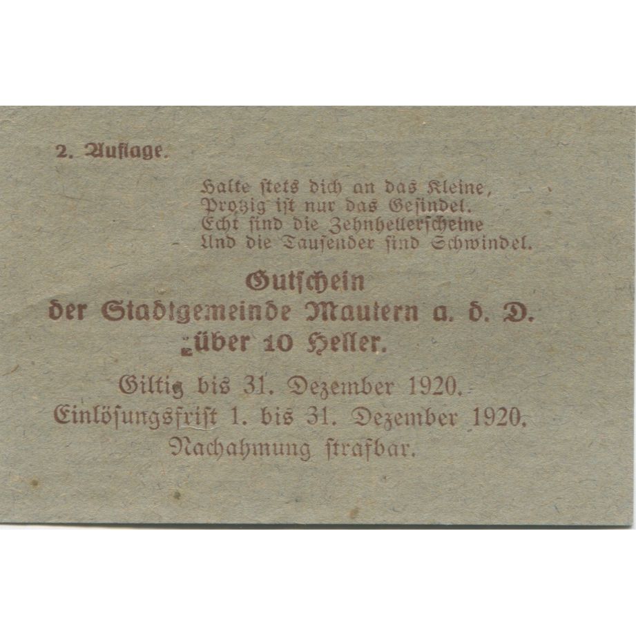 Geldschein, Österreich, Mautern, 10 Heller, pont, 1920 UNZ- Mehl:FS 600IIa2