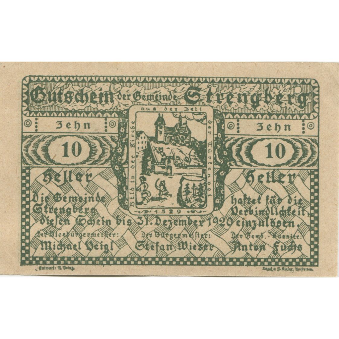 Geldschein, Österreich, Strengberg, 10 Heller, Eglise 1920 UNZ- Mehl:FS 1049b