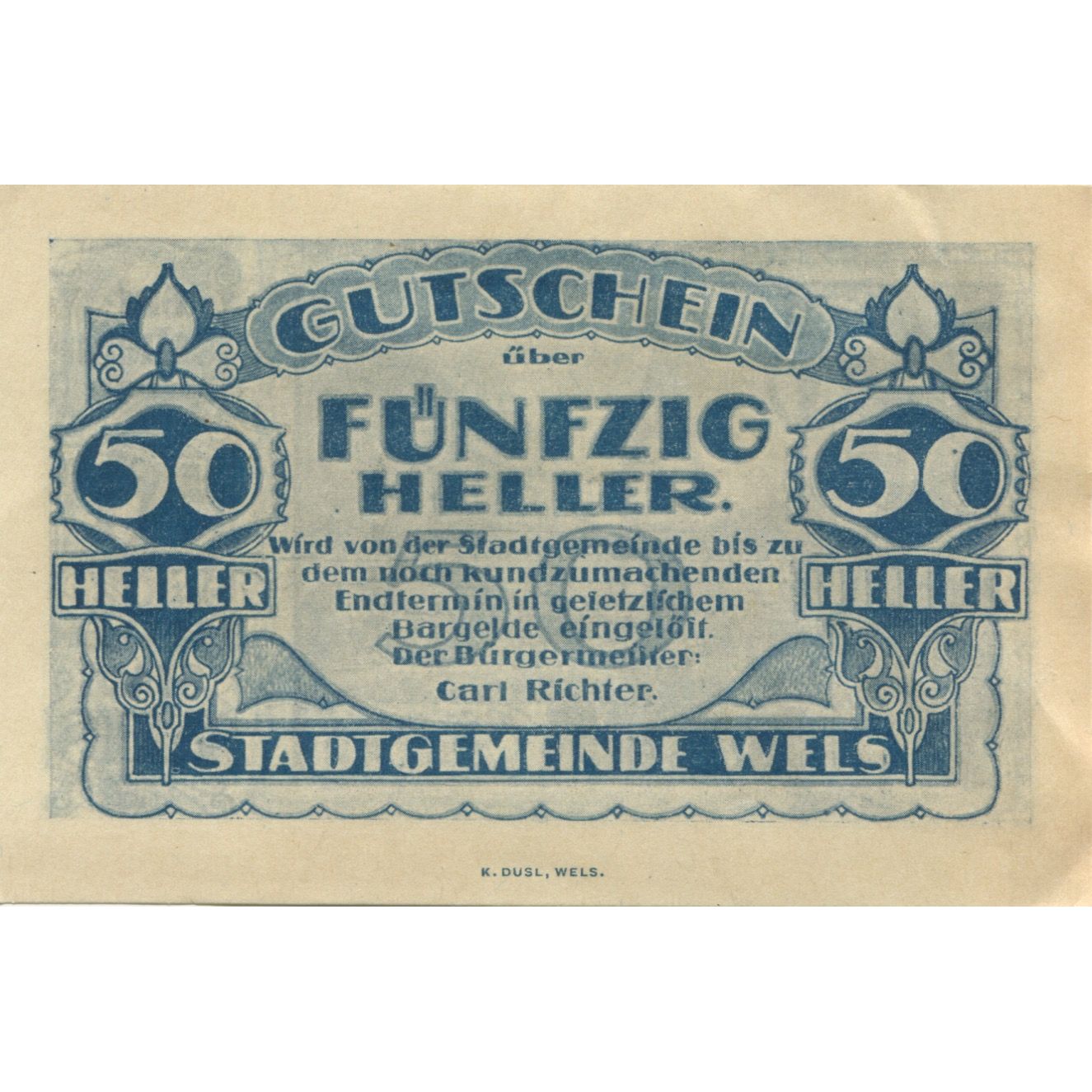 Geldschein, Österreich, Wels, 50 Heller, place, 1920, UNZ-, Mehl:FS 1167II