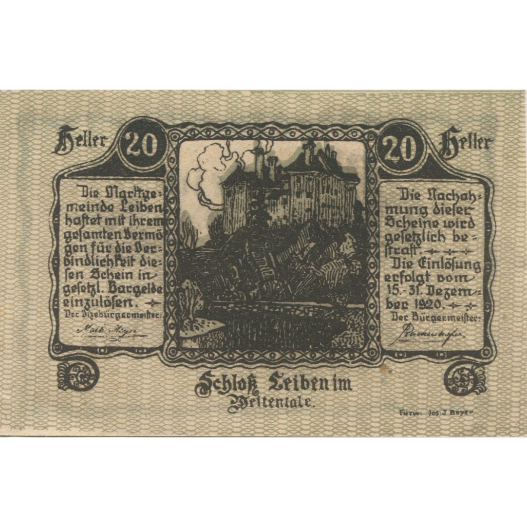 Geldschein, Österreich, Leiben, 20 Heller, château, 1920 UNZ- Mehl:FS 509