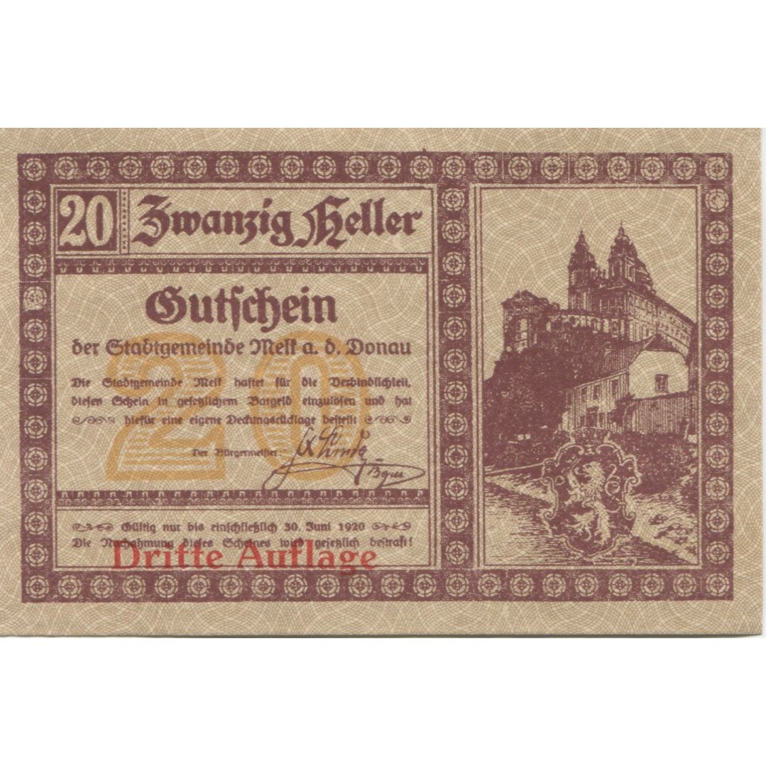 Banconote, Austria, Melk, 20 Heller, Blason 1920-06-30, SPL Mehl:FS 605If