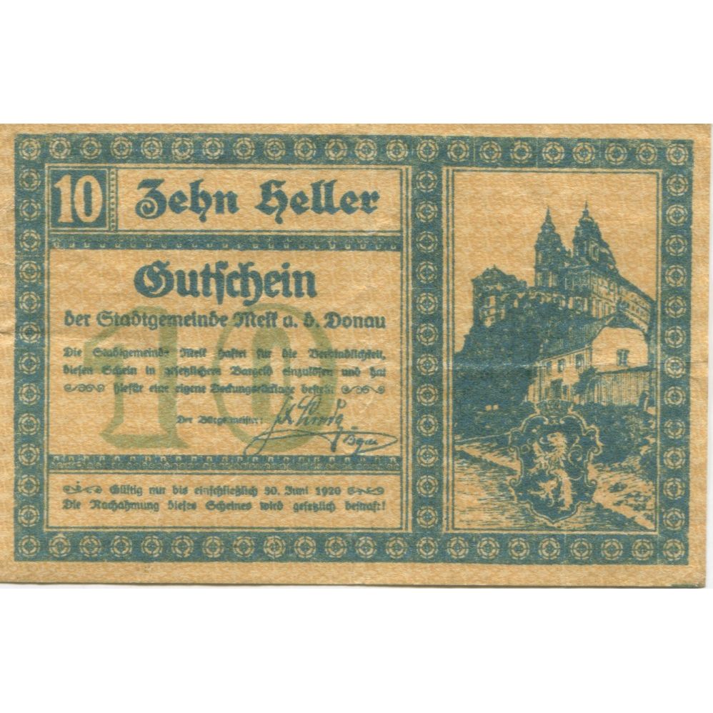 Banconote, Austria, Melk, 10 Heller, château, 1920, 1920-06-30, SPL, Mehl:605If