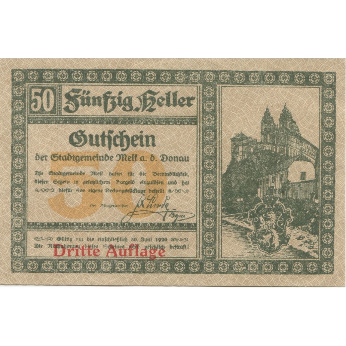 Biljet, Oostenrijk, Melk, 50 Heller, paysage, 1920 SPL, Mehl:FS 605If