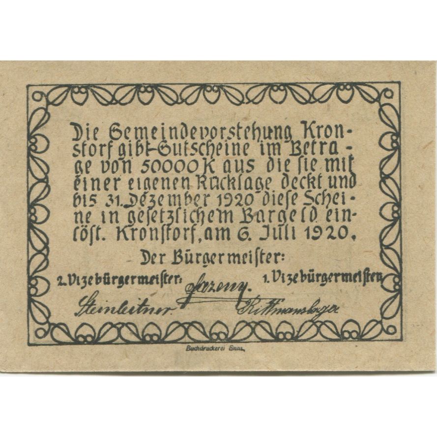 Banconote, Austria, Kronstorf, 20 Heller, Texte 1920-12-31, SPL, Mehl:FS 486a
