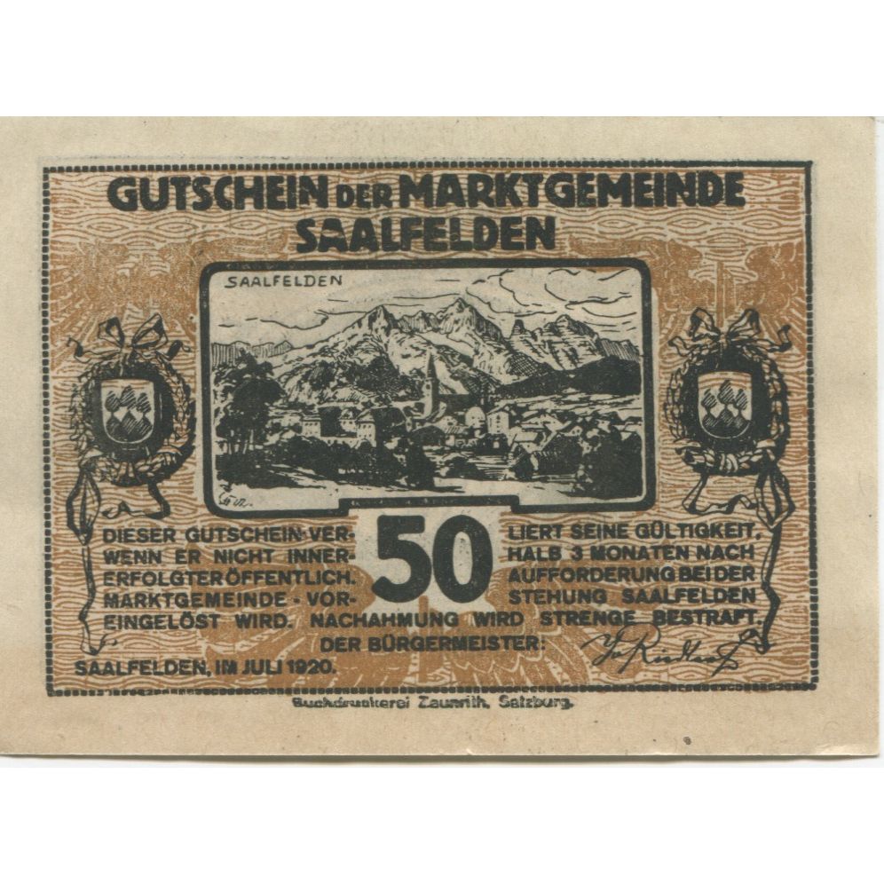 Geldschein, Österreich, Saalfelden, 50 Heller, paysage, 1920, UNZ-, Mehl:FS 859a
