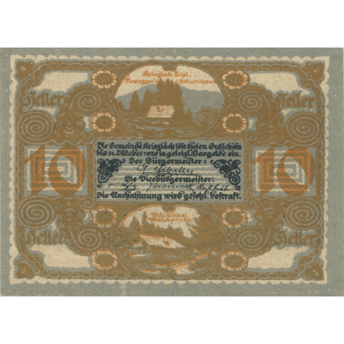 Billet, Autriche, Krieglach, 10 Heller, portrait 1920-10-31, SPL Mehl:FS 480a