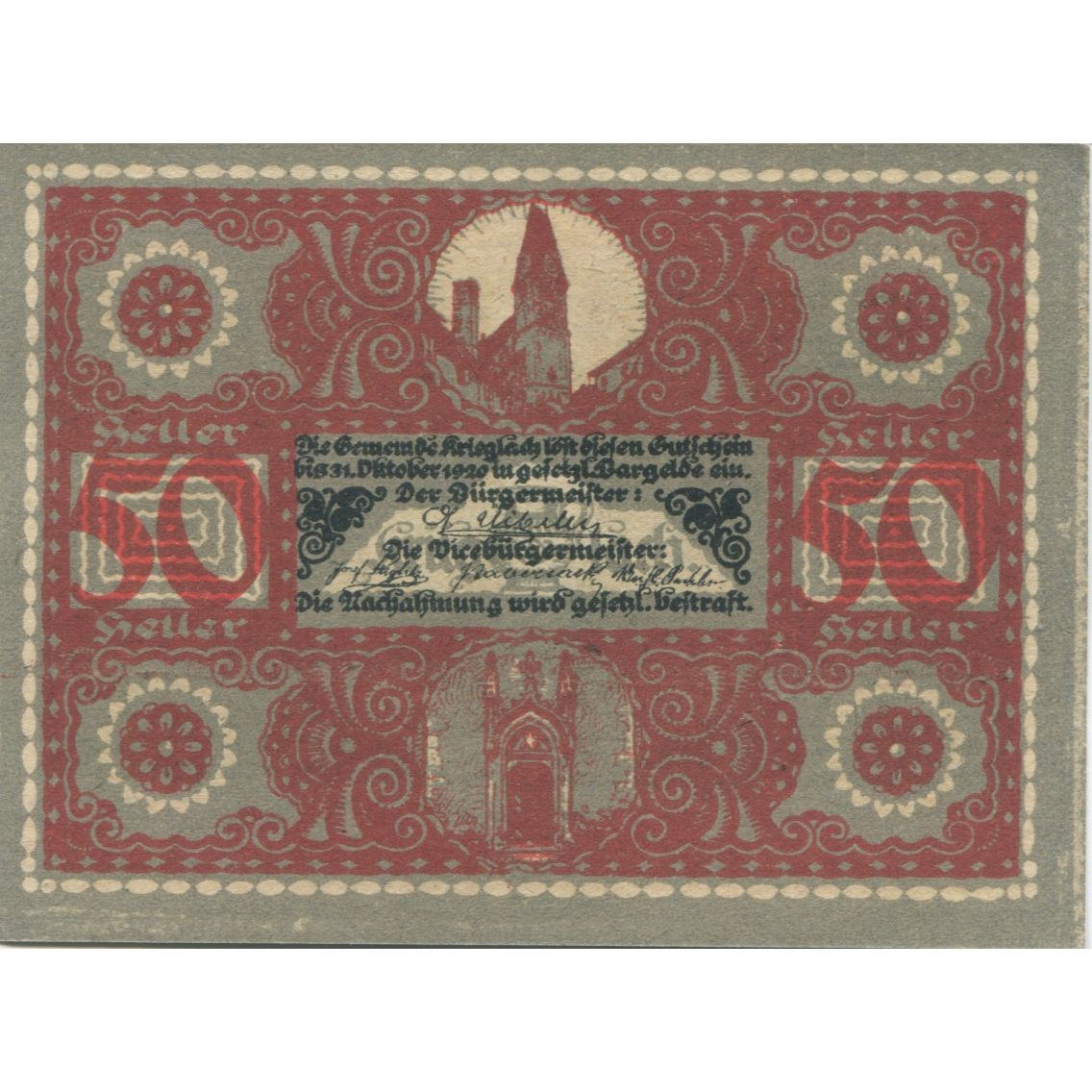 Geldschein, Österreich, Krieglach, 50 Heller, personnage, 1920 UNZ- Mehl:FS 480a