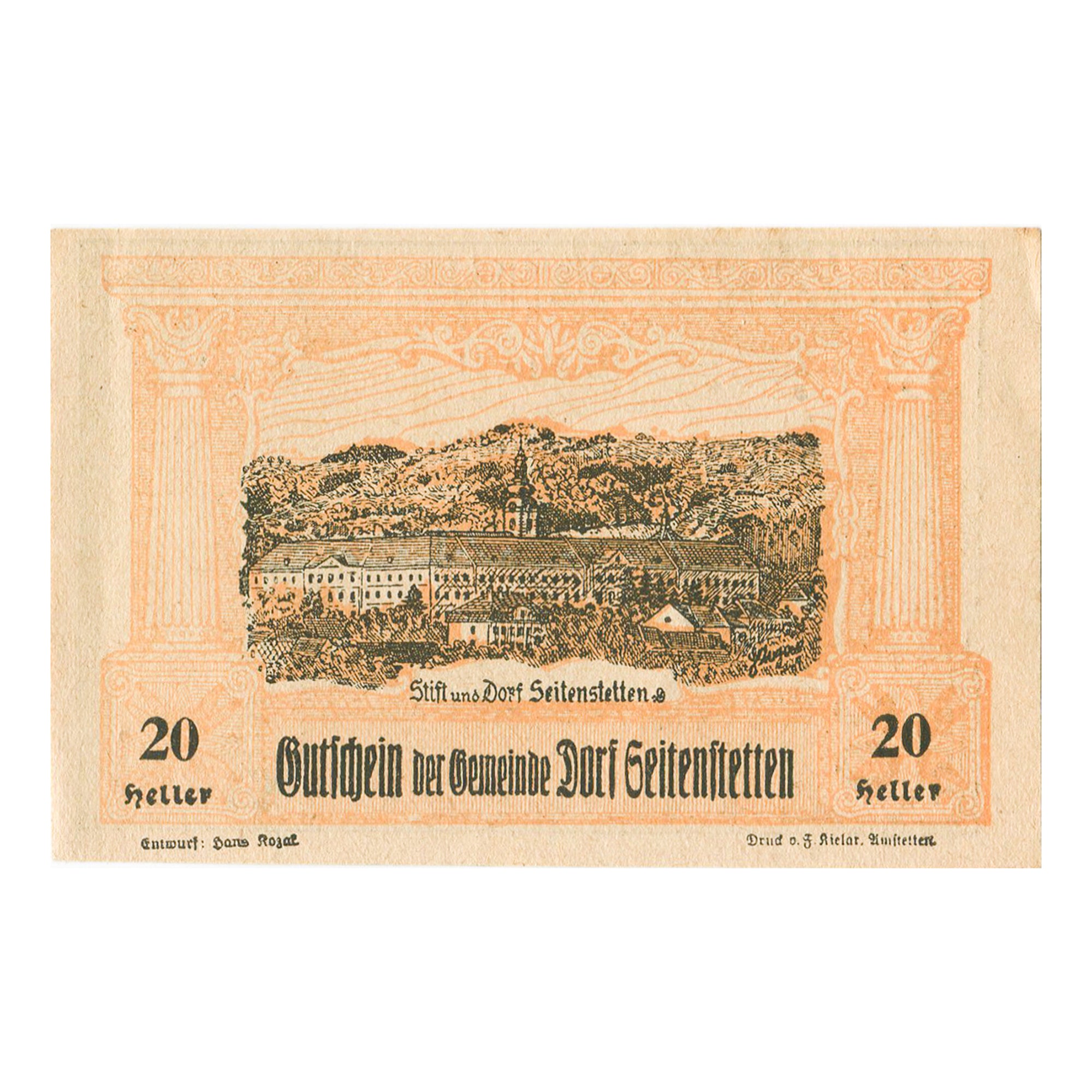 Banconote, Austria, Seitenstetten, 20 Heller, château, 1920, SPL- Mehl:FS 989a