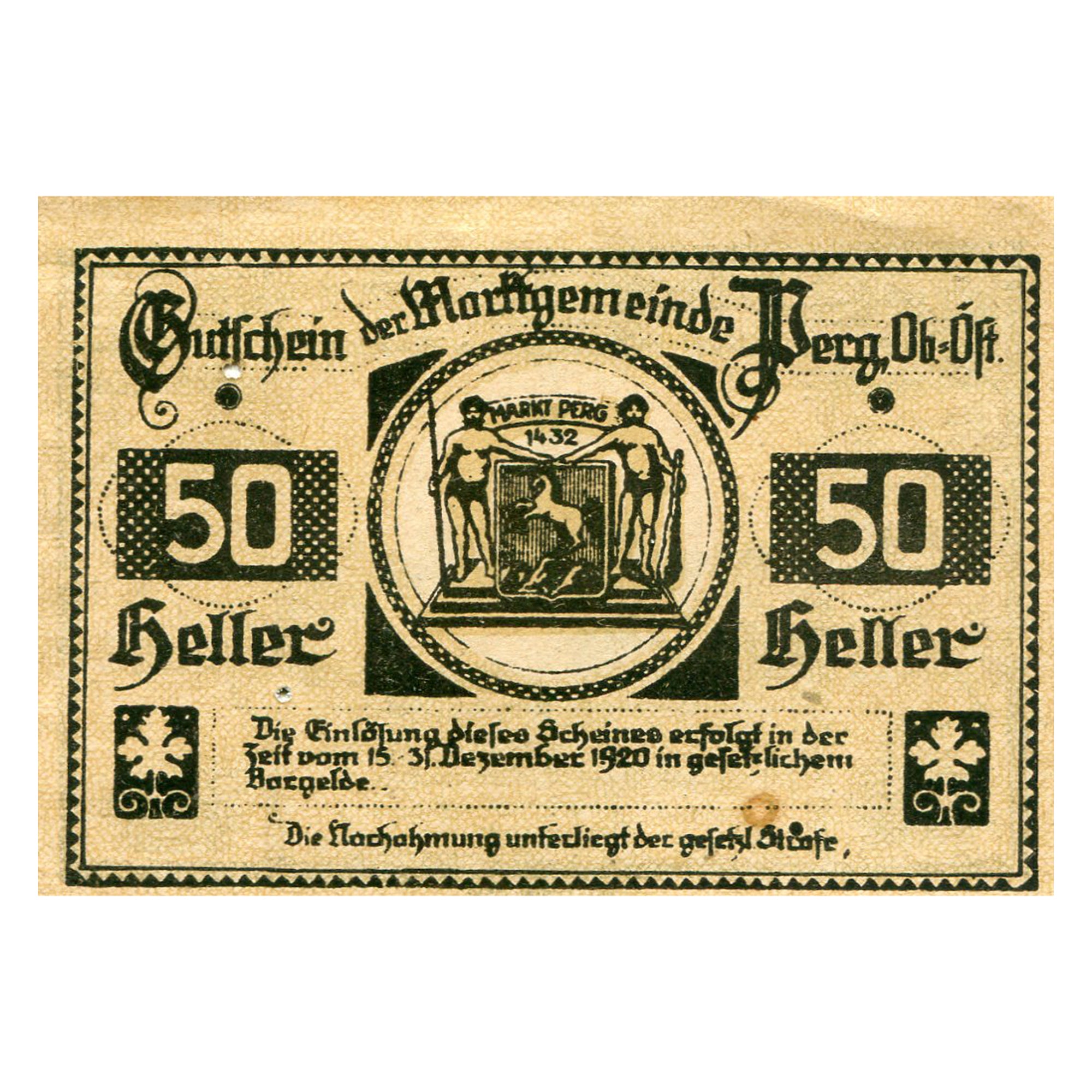 Geldschein, Österreich, Perg, 50 Heller, Blason 1920-12-31, SS, Mehl:FS 730I