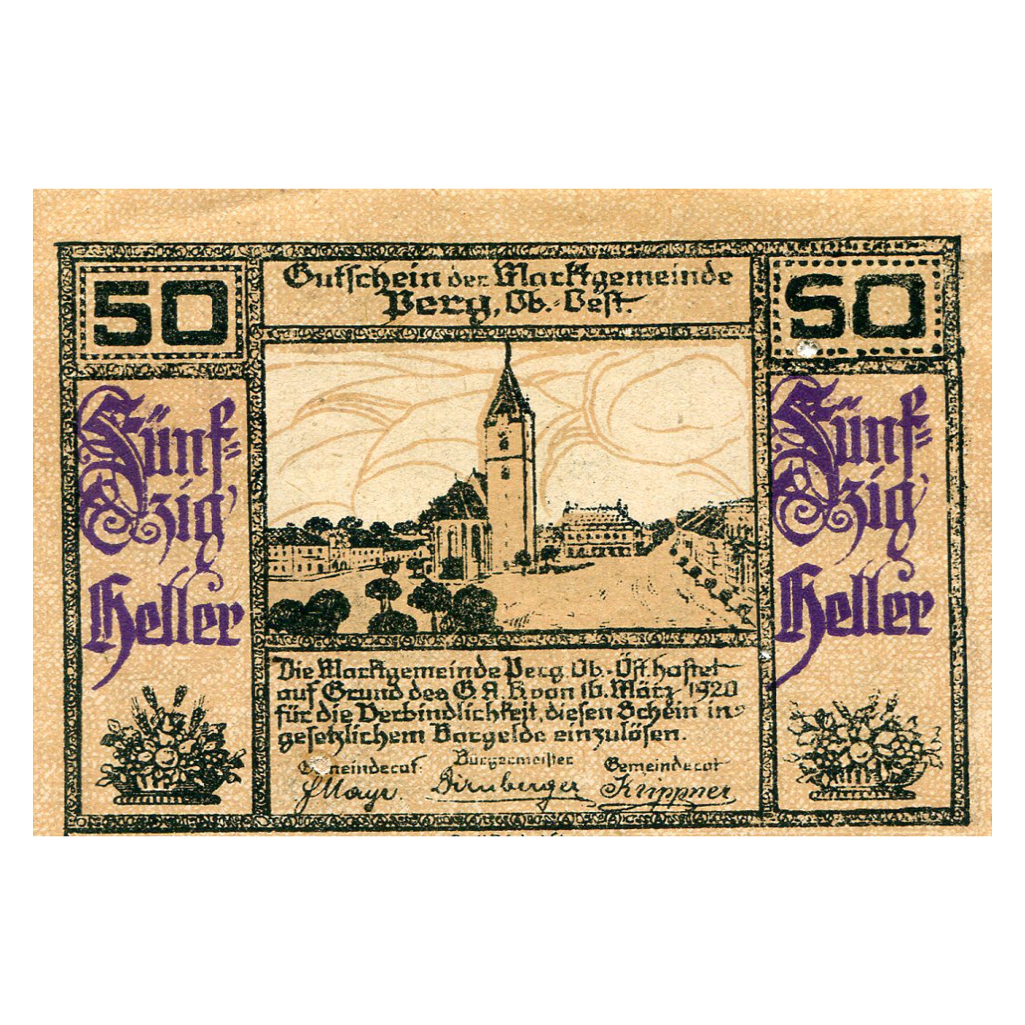 Geldschein, Österreich, Perg, 50 Heller, Blason 1920-12-31, SS, Mehl:FS 730I