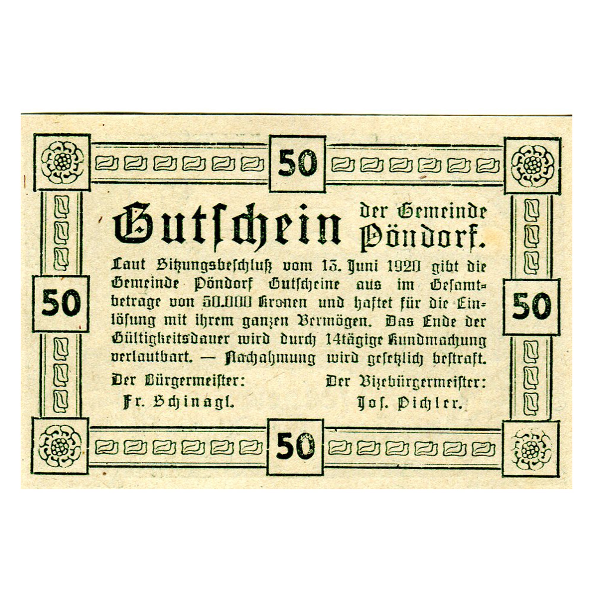 Geldschein, Österreich, Pöndorf, 50 Heller, paysage, 1920, UNZ-, Mehl:FS 757c
