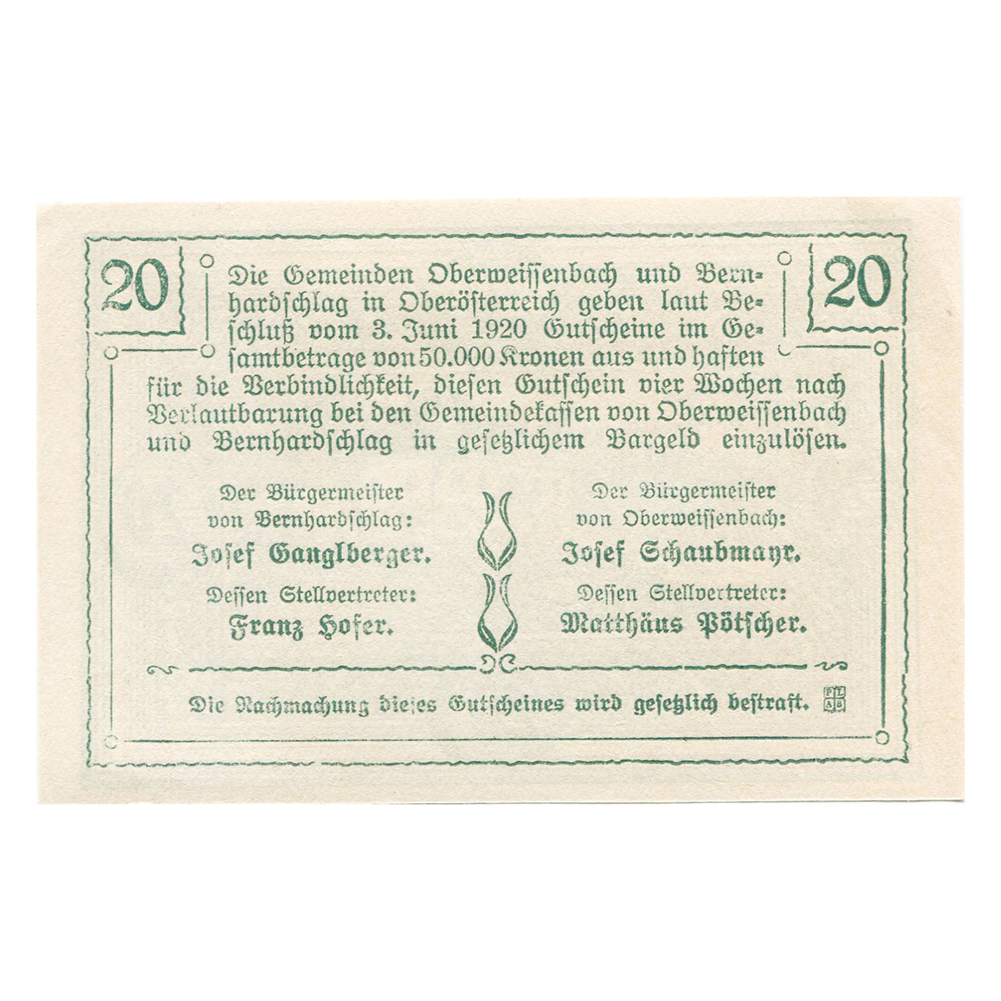Biljet, Oostenrijk, Oberweissenbach, 20 Heller, Maison, 1920, SPL, Mehl:FS 697