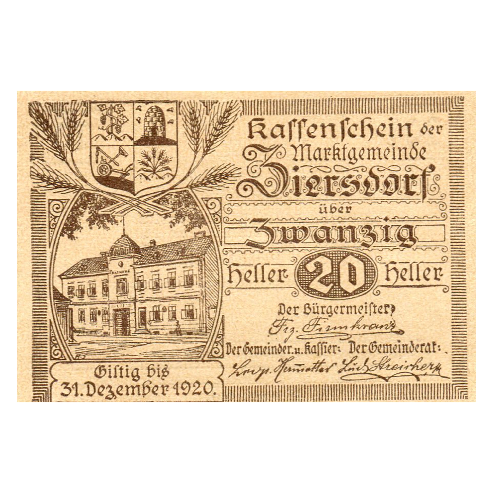 Banconote, Austria, Ziersdorf, 20 Heller, mairie 1920-12-31, SPL Mehl:FS 1276a