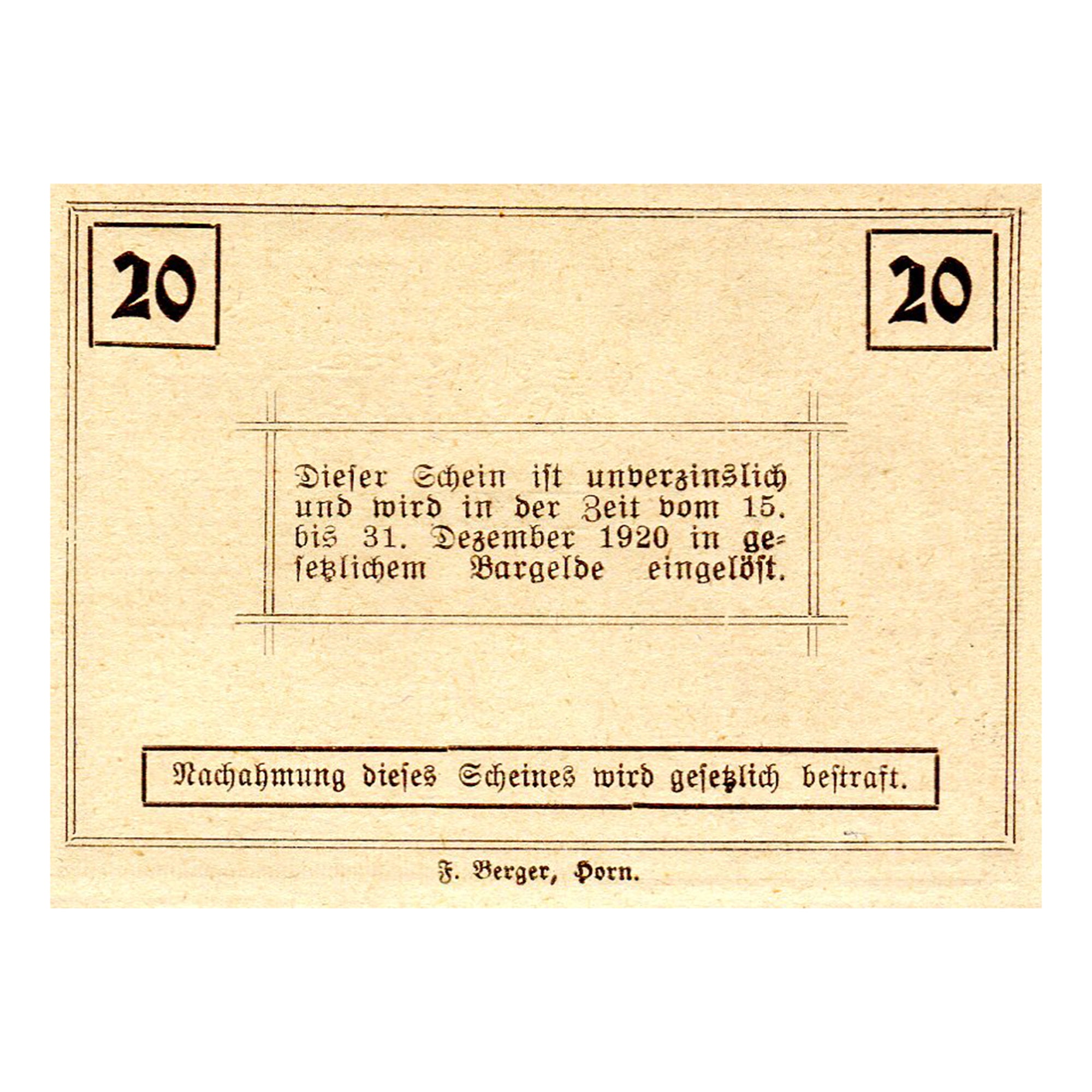 Banconote, Austria, Ziersdorf, 20 Heller, mairie 1920-12-31, SPL Mehl:FS 1276a