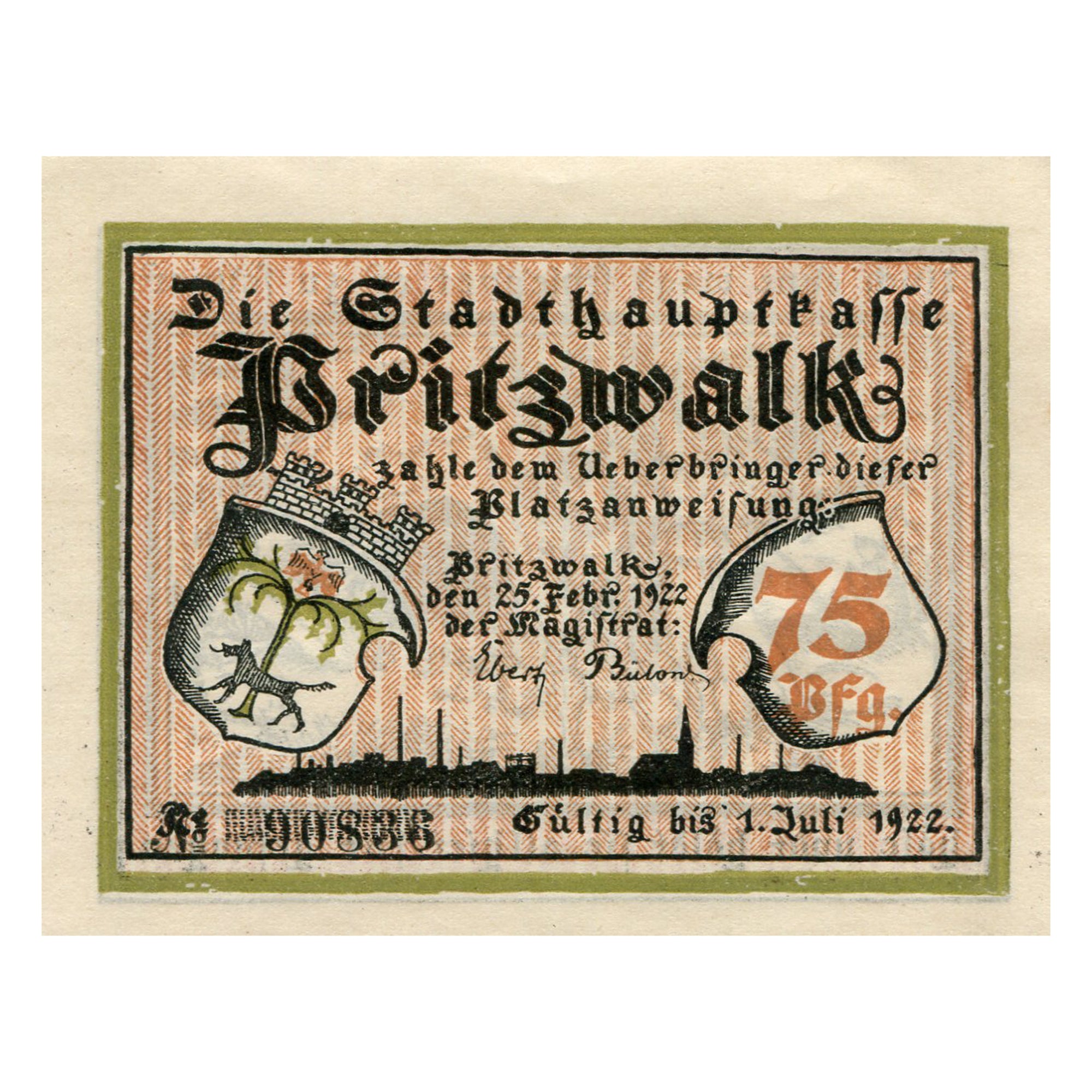 Geldschein, Deutschland, Pritzwalk, 75 Pfennig, Grotte, 1922 UNZ- Mehl:1077.1