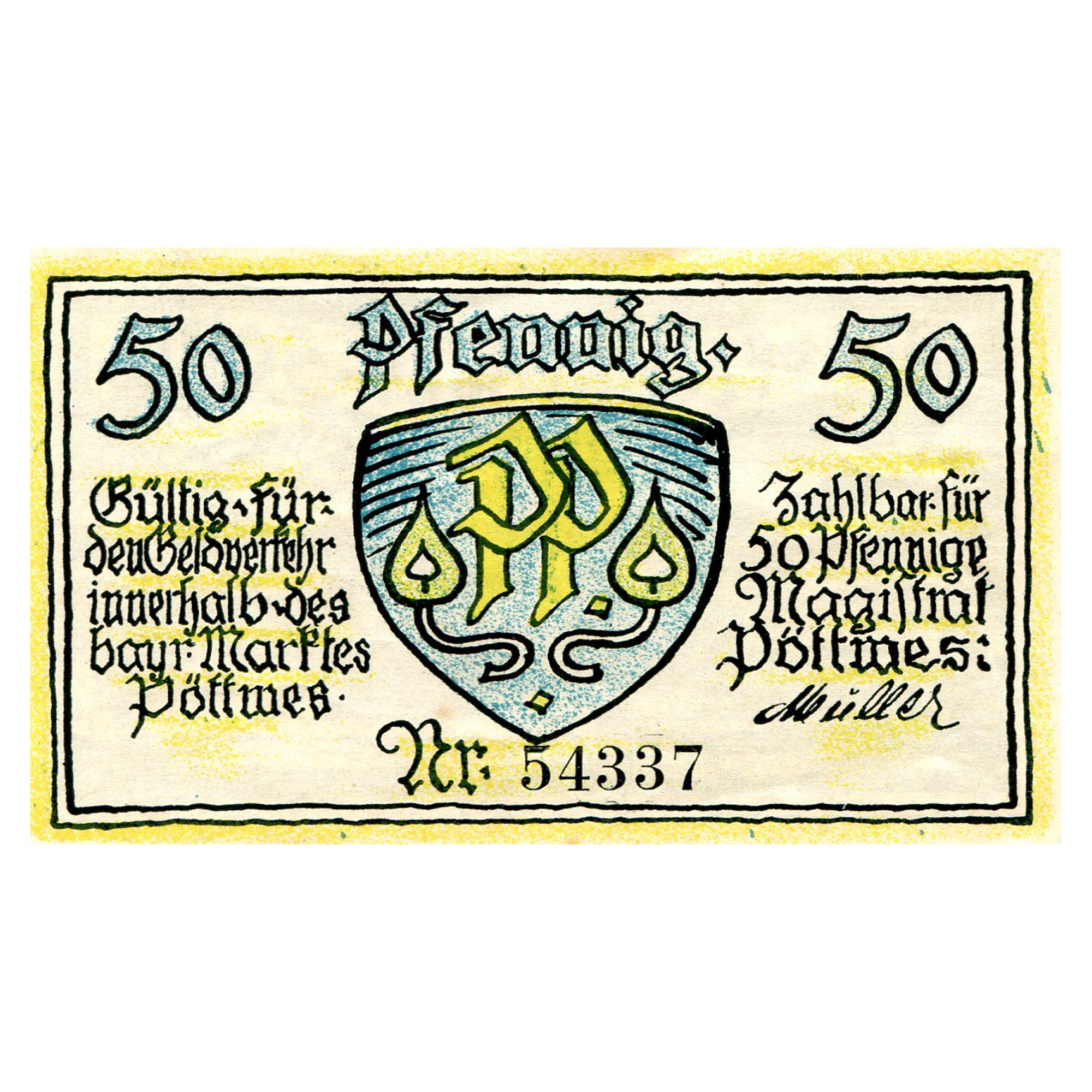 Banknot, Niemcy, Pöttmes, 50 Pfennig, Blason, 1921, AU(55-58), Mehl:1067.1