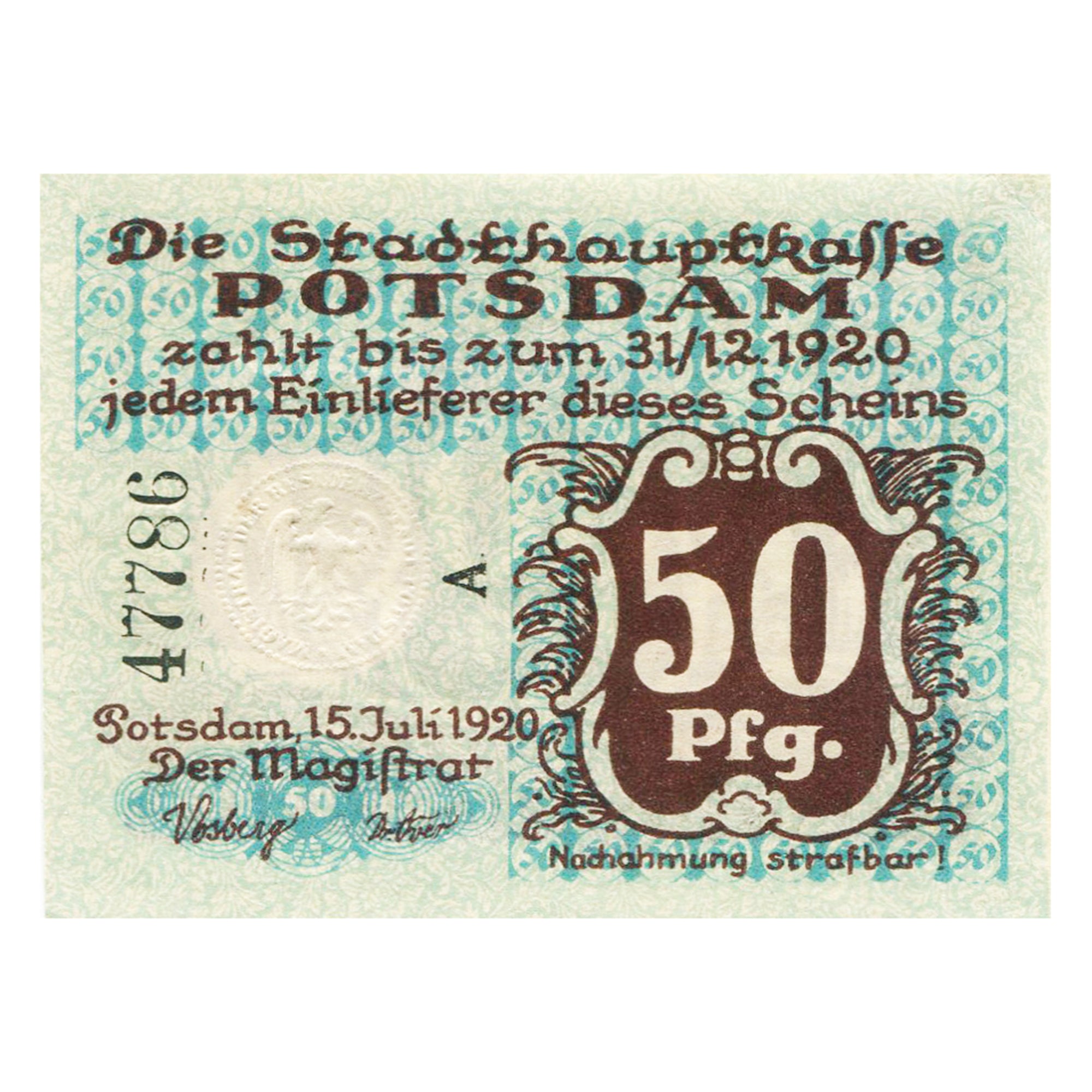 Geldschein, Deutschland, Potsdam, 50 Pfennig, Texte, 1920 UNZ- Mehl: P33.3a