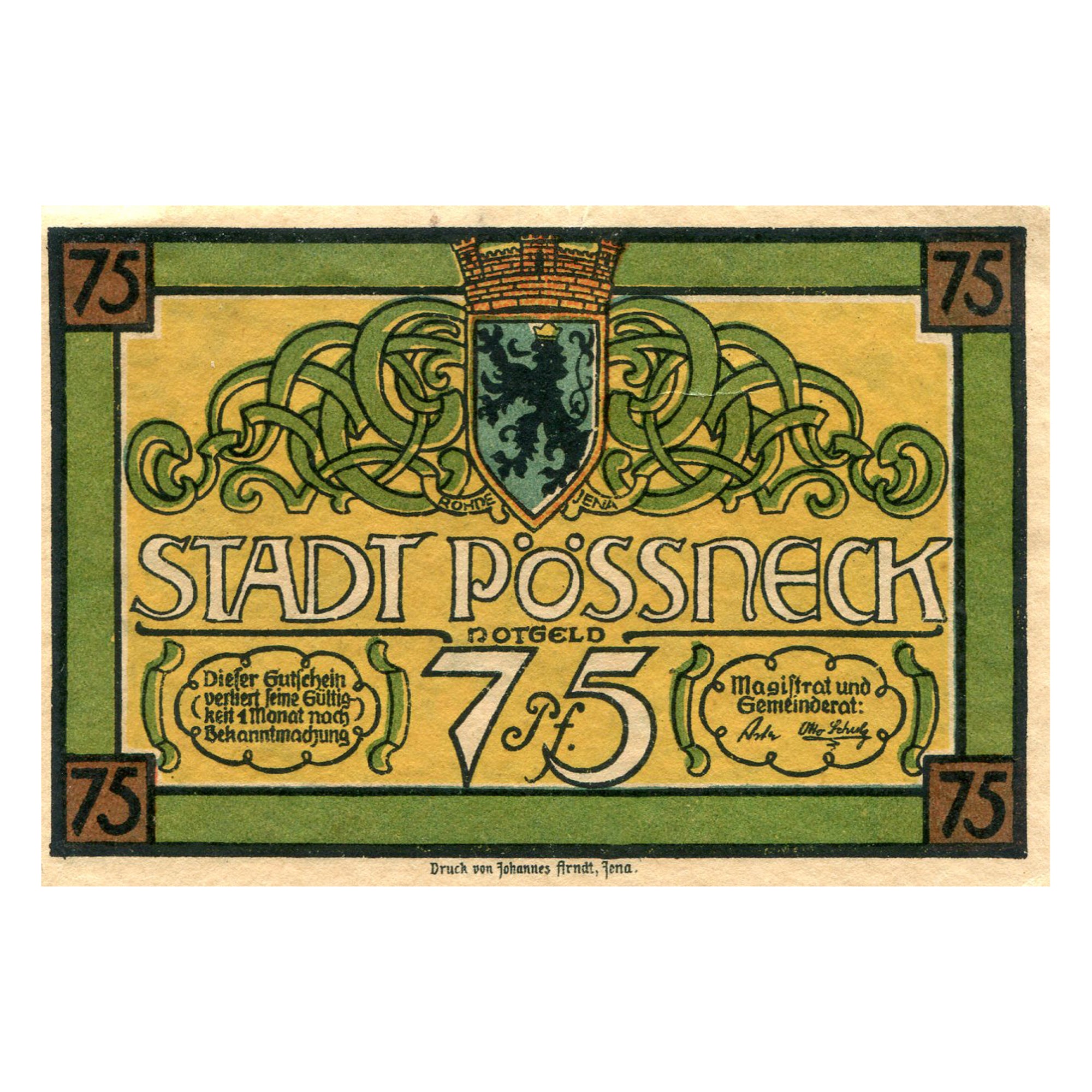 Banknot, Niemcy, Possneck, 75 Pfennig, Maison, 1921, EF(40-45), Mehl:1066.1