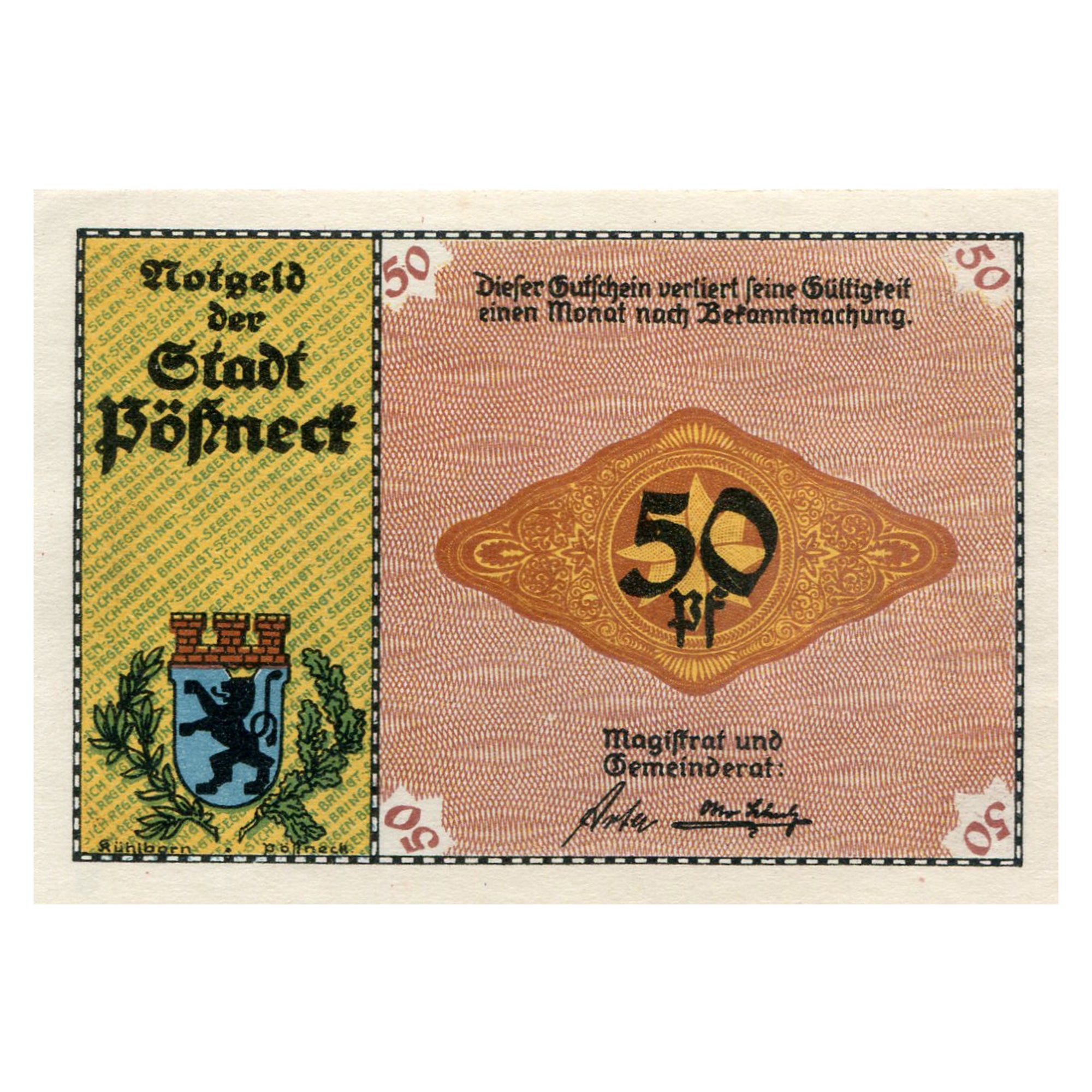 Banknot, Niemcy, Possneck, 50 Pfennig, Blason, 1921, UNC(63), Mehl:1066.6