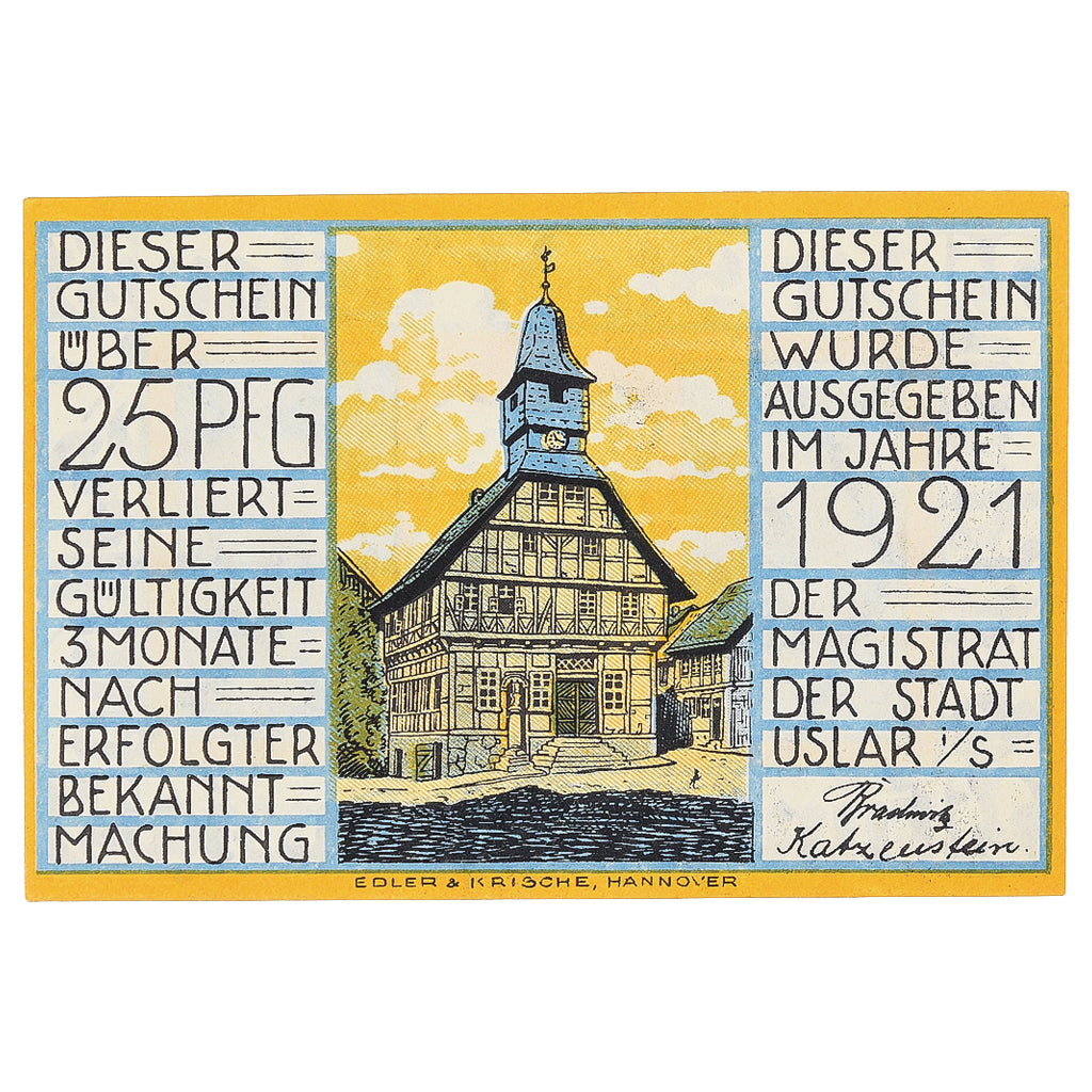 Banknot, Niemcy, Uslar, 25 Pfennig, Eglise, 1921, UNC(63), Mehl:1355.1
