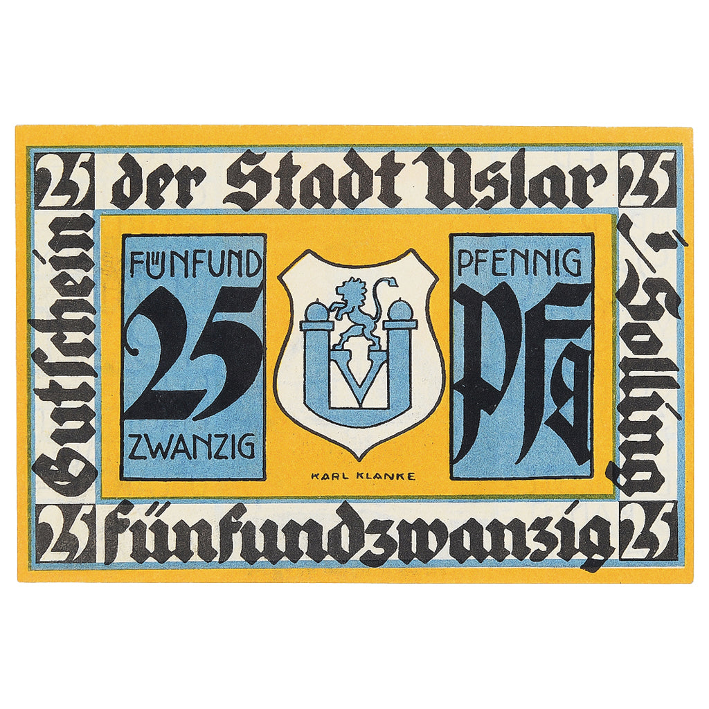 Banknot, Niemcy, Uslar, 25 Pfennig, Eglise, 1921, UNC(63), Mehl:1355.1
