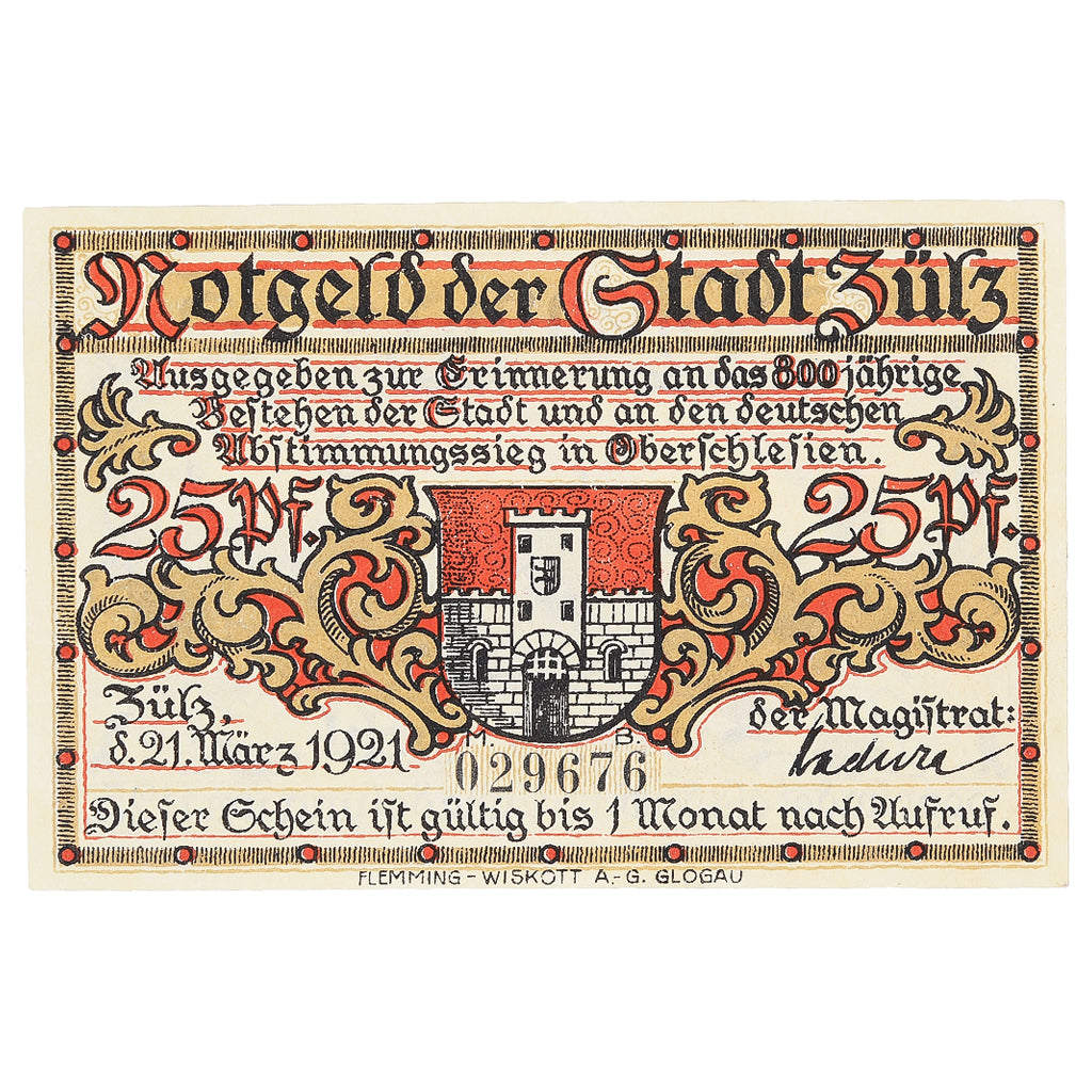 Banconote, Germania, Zülz, 25 Pfennig, paysage 1921-03-21, SPL Mehl:1477.1