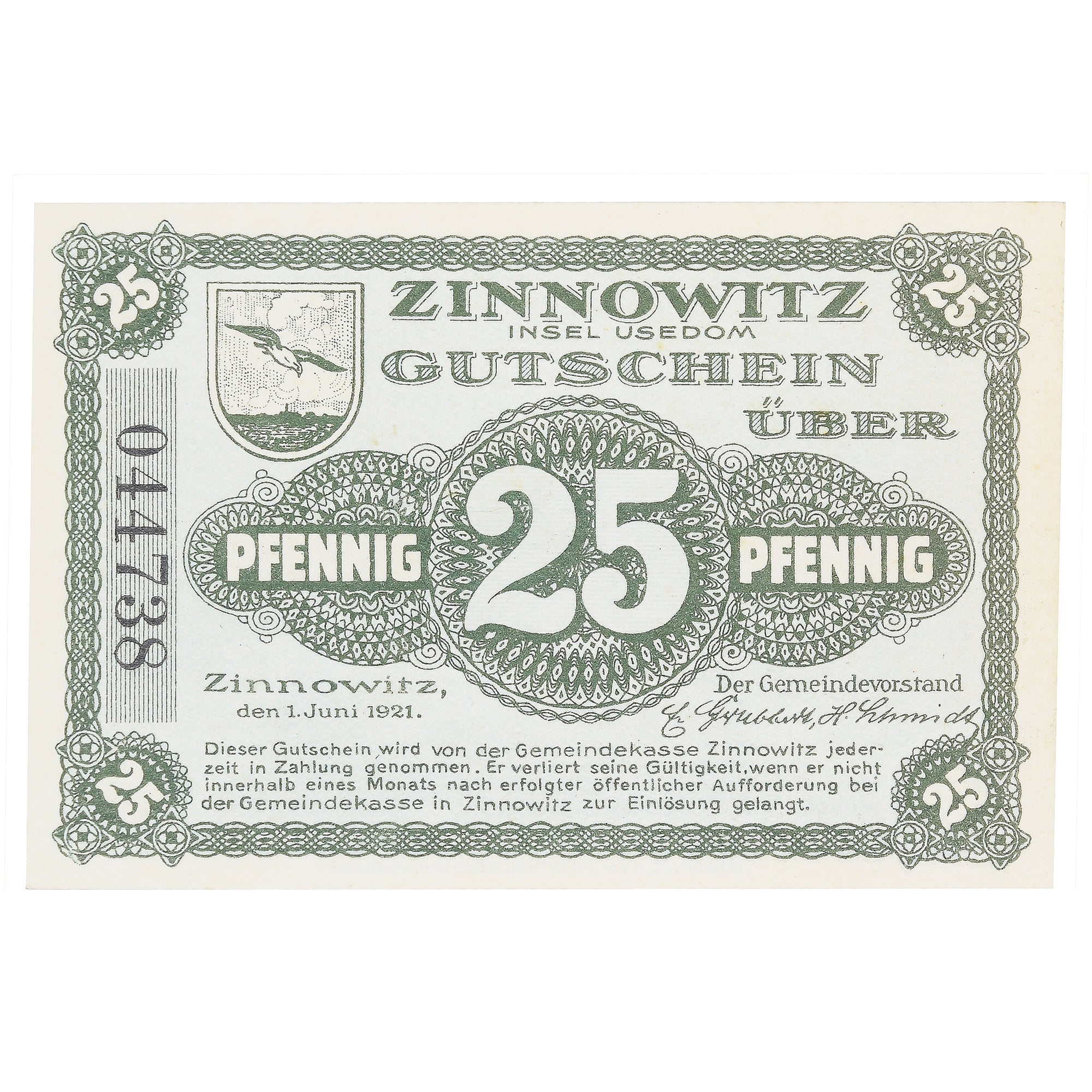 Banknote, Germany, Zinnowitz, 25 Pfennig, mer, 1921 UNC(63) Mehl: Z11.1