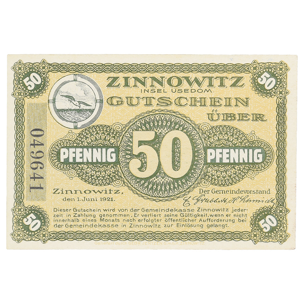 Banknot, Niemcy, Zinnowitz, 50 Pfennig, bateau 1921-06-01, UNC(63) Mehl: Z11.1