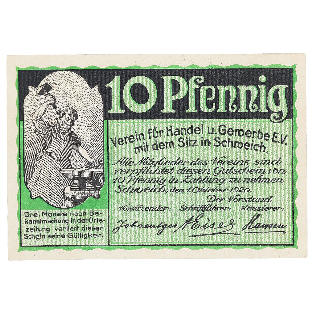 Banknote, Germany, Schweich, 10 Pfennig, tour, 1920 UNC(63) Mehl:1209.3