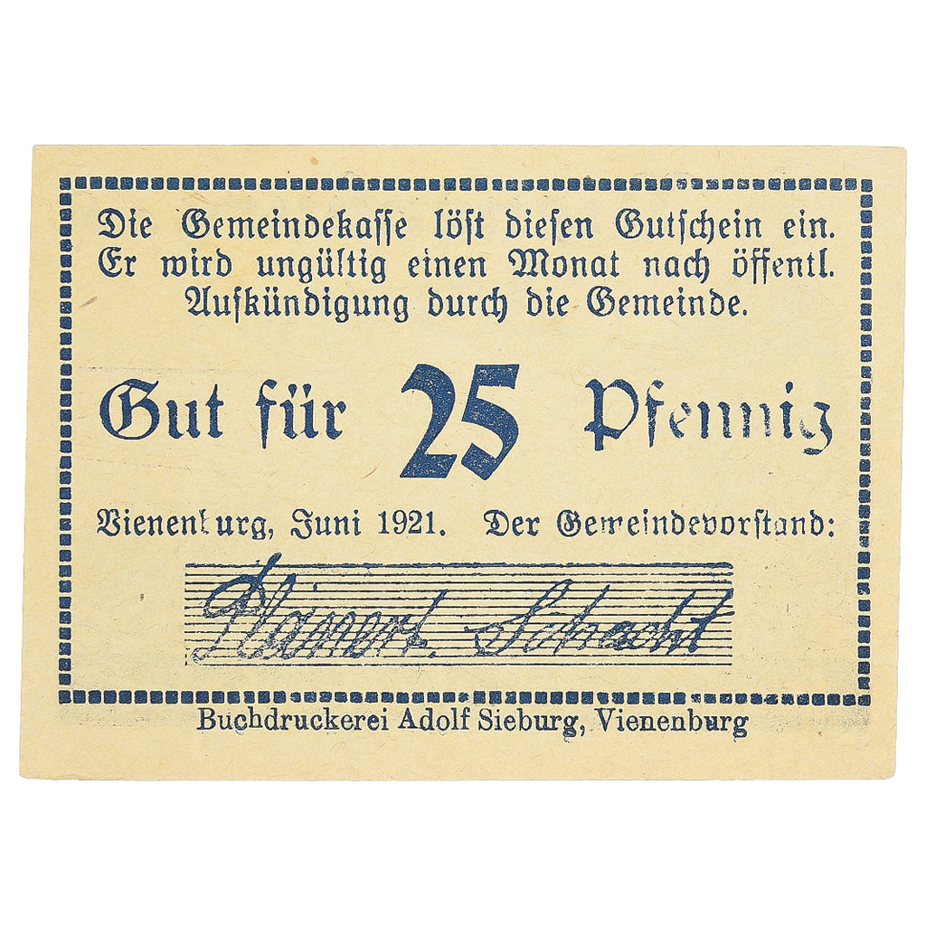 Banknot, Niemcy, Vienenburg, 25 Pfennig, soldat, 1921, UNC(63), Mehl:1361.1i