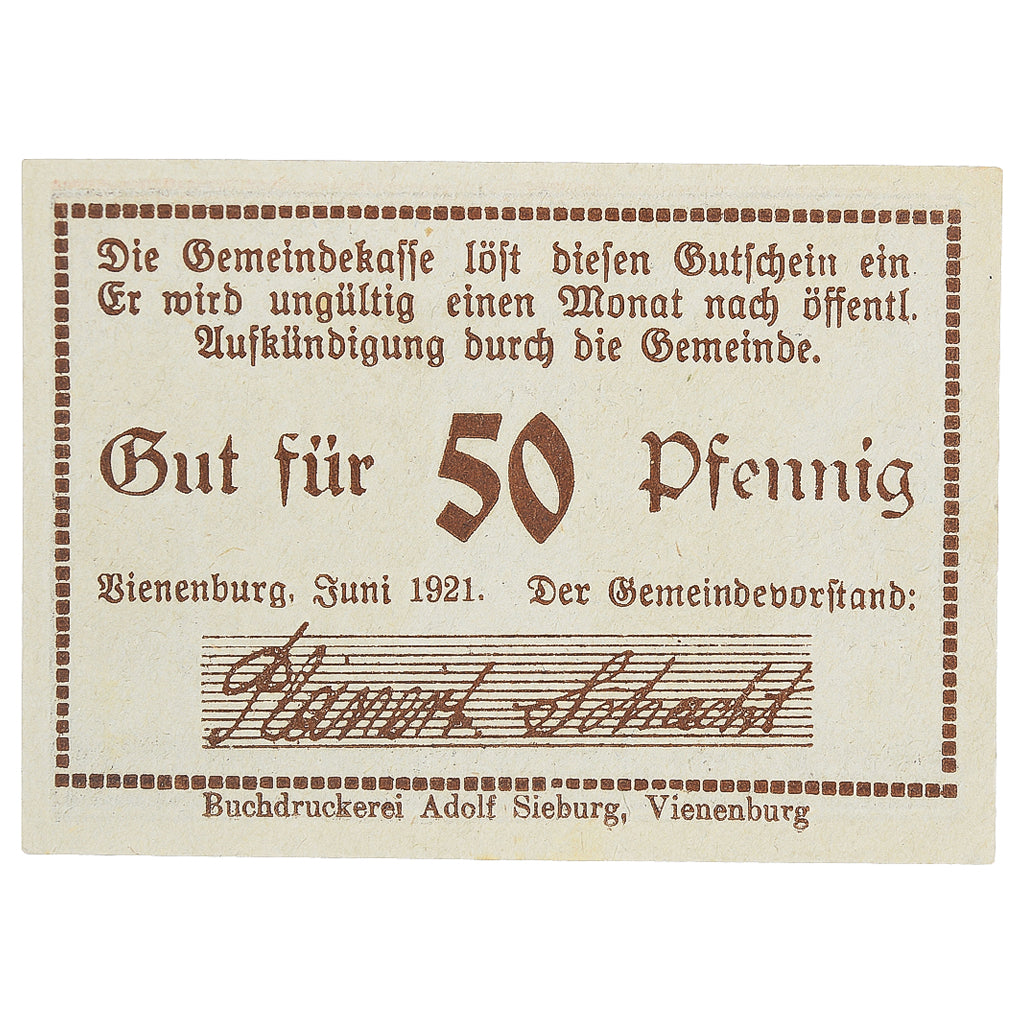 Banknot, Niemcy, Vienenburg, 50 Pfennig, château, 1921, UNC(63), Mehl:1361.1k
