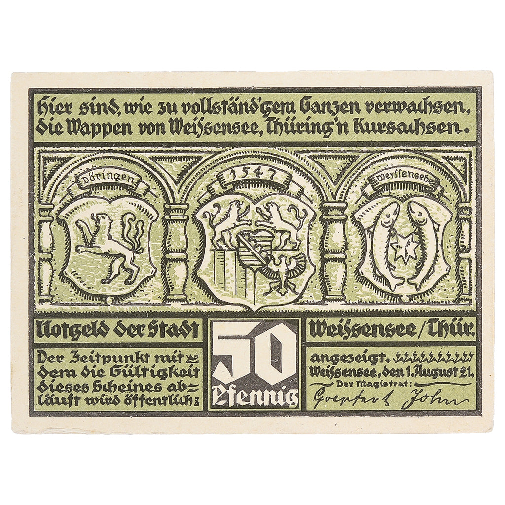 Banknote, Germany, Weissensee, 50 Pfennig, Blason 1921-08-01 UNC(63) Mehl:1404.1