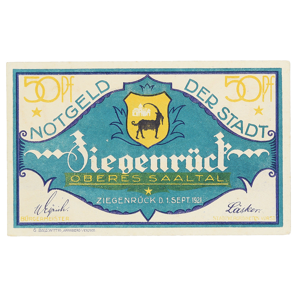 Banknote, Germany, Ziegenrück, 50 Pfennig, paysage, 1921 UNC(63) Mehl:1472.1a
