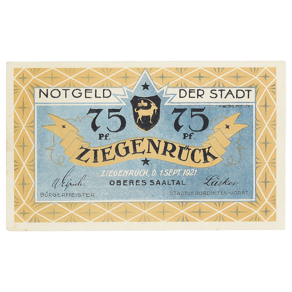 Banknote, Germany, Ziegenrück, 75 Pfennig, paysage, 1921 UNC(63) Mehl:1472.1a