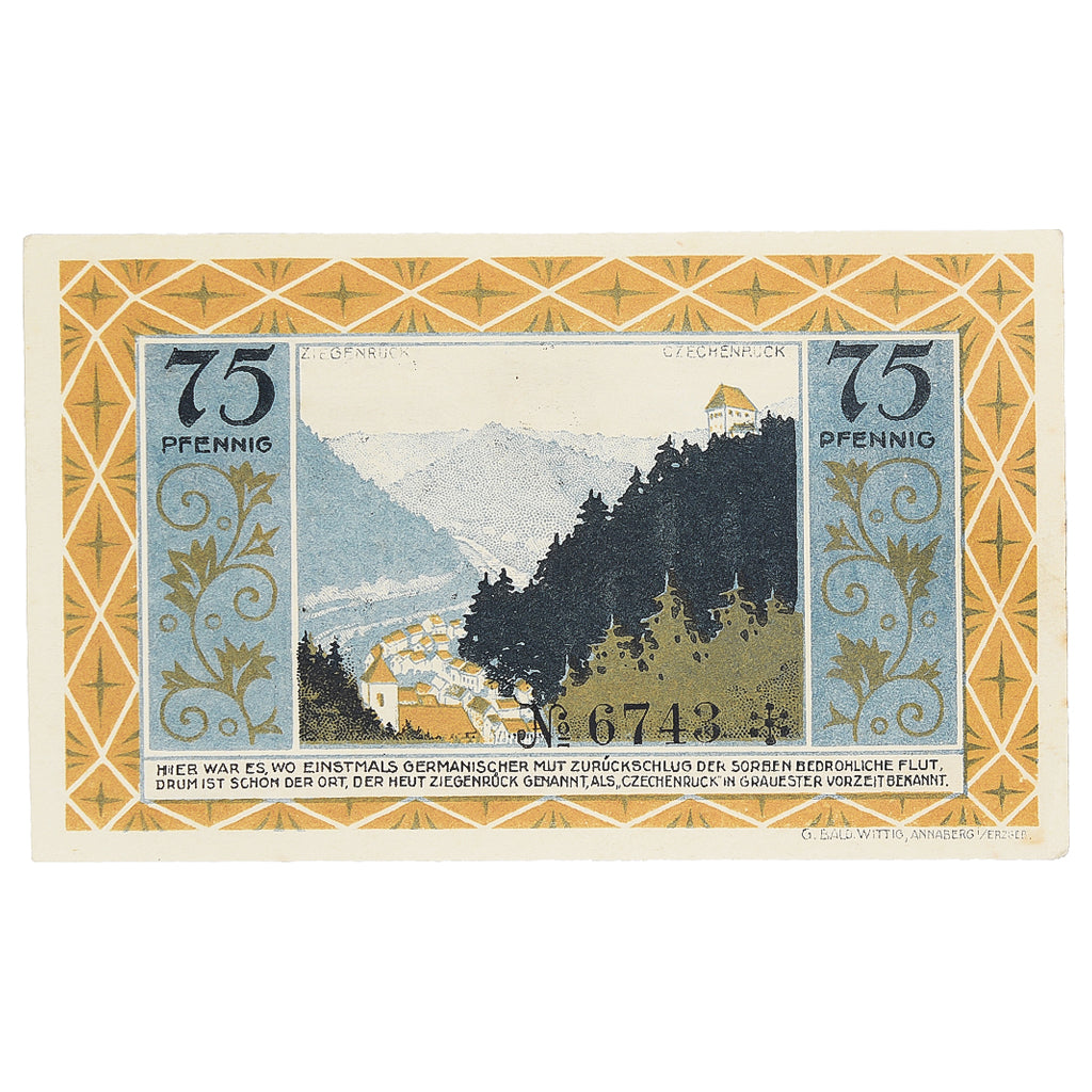 Banknote, Germany, Ziegenrück, 75 Pfennig, paysage, 1921 UNC(63) Mehl:1472.1a